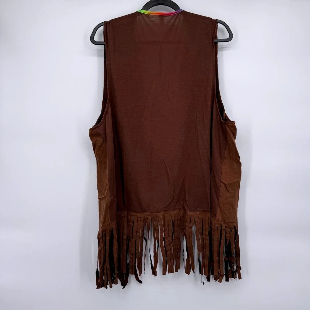 HIPPIE VEST COSTUME Brown Suede Fringe Rainbow Trim Unisex Standard NEW